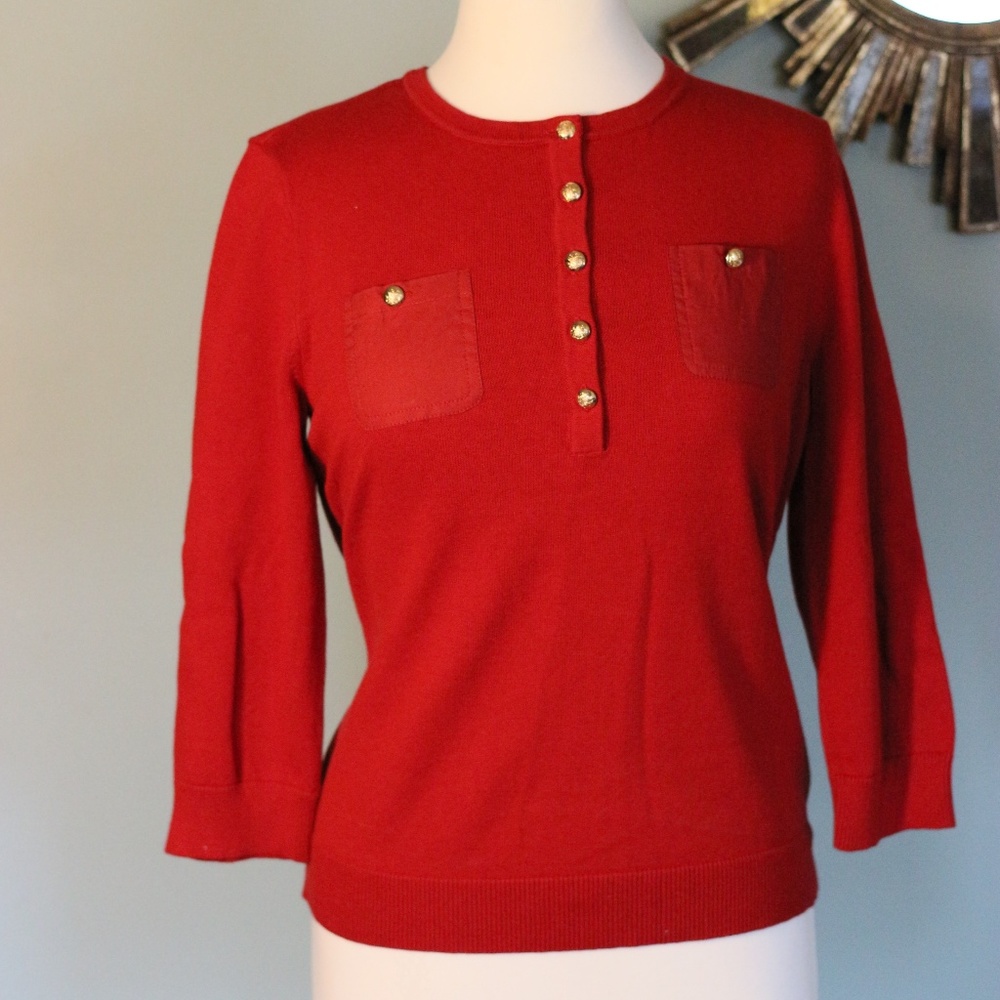 Ralph Lauren red button up sweater with gold